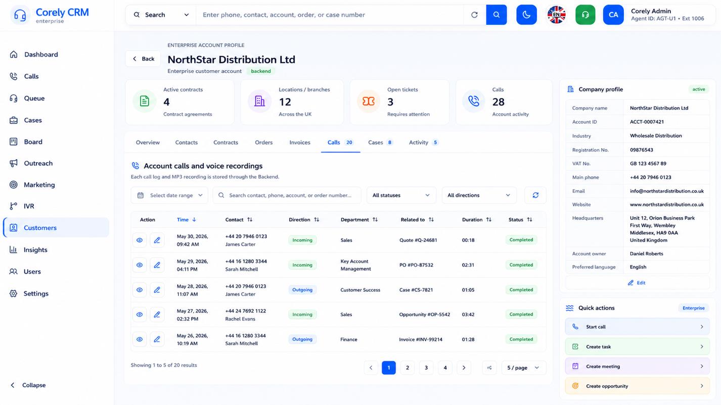 Corely Customer 360 screen showing account, activity and connected records